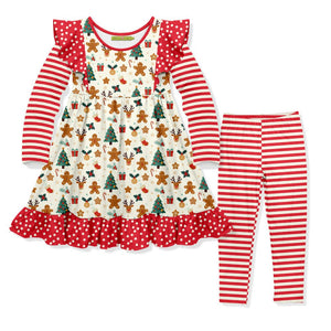 Kids Cream Gingerbread Christmas Angel-Sleeve Dress & Stripe Leggings - Millieloveslily.com
