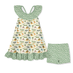 Kids Cream Jungle Beat Ruffle - Hem Dress & Shorts Sets - Millieloveslily.com