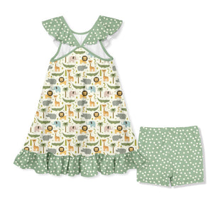 Kids Cream Jungle Beat Ruffle - Hem Dress & Shorts Sets - Millieloveslily.com