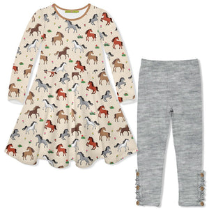 Kids Cream Ponies & Flowers Yoke Long-Sleeve Dress & Gray Button Leggings - Millieloveslily.com