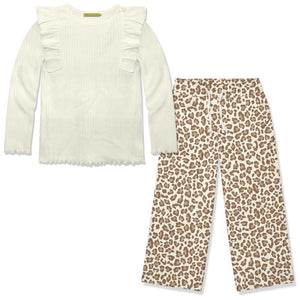 Kids Cream Ribbed Long-Sleeve Top & Skin Print Wide-Leg Pants - Millieloveslily.com