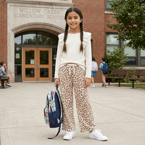 Kids Cream Ribbed Long-Sleeve Top & Skin Print Wide-Leg Pants - Millieloveslily.com