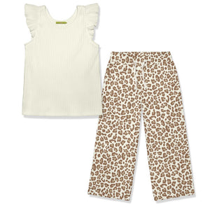 Kids Cream Ribbed Ruffle - Sleeve Top & Skin Print Neutral Wide - Leg Pants - Millieloveslily.com