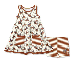Kids Cream Rodeo Sleeveless Pocket A-Line Dress & Stripe Shorts Set - Millieloveslily.com