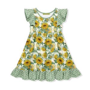 Kids Cream Sunflowers Angel-Sleeve Dress - Millieloveslily.com