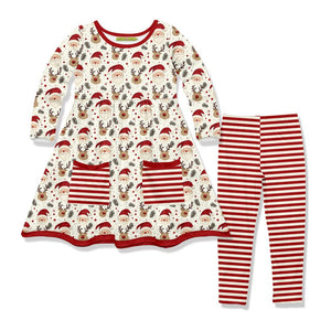 Kids Cream Vintage Santa Front-Pocket A-Line Dress & Stripe Leggings - Millieloveslily.com