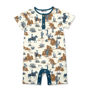 Kids Cream Western Frontier Short - Sleeve Romper -on a white background, front  Millieloveslily.com