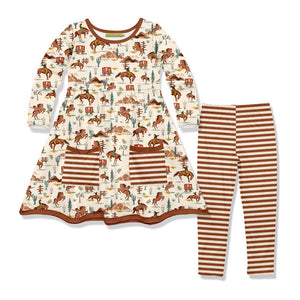 Kids Cream Wild West Patch Pocket Dress & Stripe Leggings Set - Millieloveslily.com