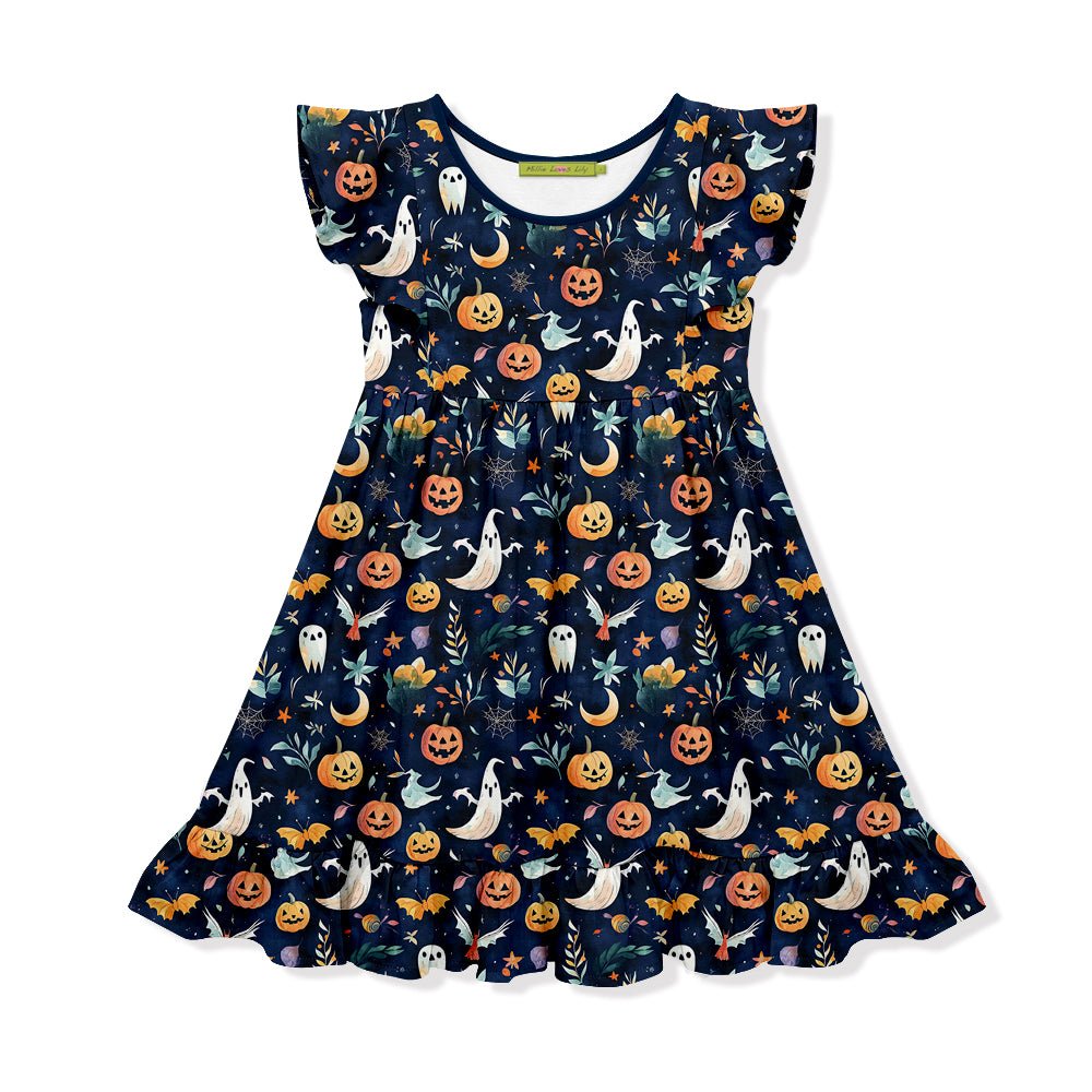 Kids Dark Navy Halloween Night Angel-Sleeve Dress - Millieloveslily.com