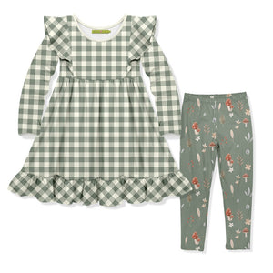 Kids Dusty Green Chcek Angel-Sleeve Dress & Mushrooms Leggings - Millieloveslily.com