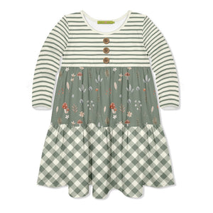 Kids Dusty Green Mushrooms Tiered Button-Front Dress - Millieloveslily.com