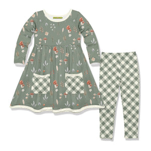 Kids Dusty Green Mushrooms&Leaves Front-Pocket A-Line Dress & Leggings - Millieloveslily.com
