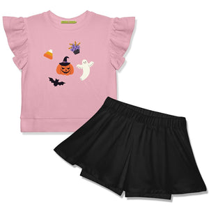 Kids Dusty Pink Halloween Fr Terry Top & Black Skort - Millieloveslily.com