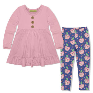 Kids Dusty Pink Long-Sleeve Babydoll Top & Apple Flowers Leggings - Millieloveslily.com