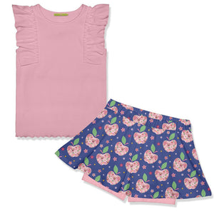 Kids Dusty Pink Ribbed Ruffle Sleeveless Top & Apple Flowers Skort - Millieloveslily.com