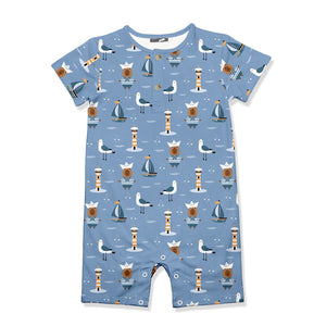 Kids Gray Blue Capy Nautical Short - Sleeve Romper - Millieloveslily.com