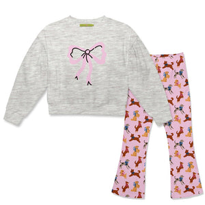 Kids Gray Crewneck Sweatshirt & Puppies'n Bows Flare Leggings - Millieloveslily.com