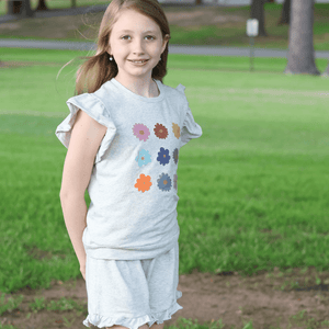 Kids Gray Heather Flowers Ruffle-Sleeve Top & Ruffle Shorts - Millieloveslily.com