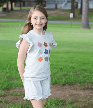 Kids Gray Heather Flowers Ruffle-Sleeve Top & Ruffle Shorts - Millieloveslily.com