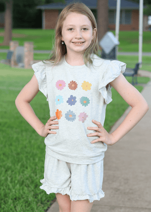Kids Gray Heather Flowers Ruffle-Sleeve Top & Ruffle Shorts - Millieloveslily.com