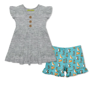 Kids Gray Heather Top & Dogs & Butterflies Ruffle Shorts Set - Millieloveslily.com
