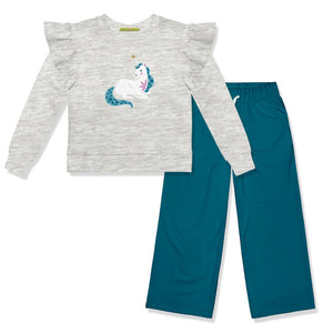 Kids Gray Heather Unicorn Sweatshirt & Teal Wide Leg Pants - Millieloveslily.com
