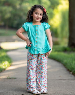 Kids Green Puff-Sleeve Top & Julia Floral Wide Leg Pants - Millieloveslily.com