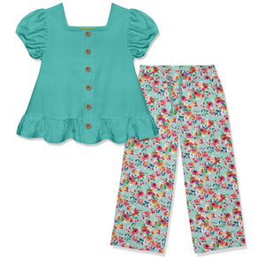Kids Green Puff - Sleeve Top & Julia Floral Wide Leg Pants - Millieloveslily.com