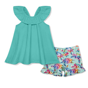 Kids Green Ruffle Yoke Top & Tie - Dye Turtles Shorts - Millieloveslily.com
