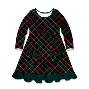 Kids Green Tartan Plaid Patch-Pocket A-Line Dress - Millieloveslily.com