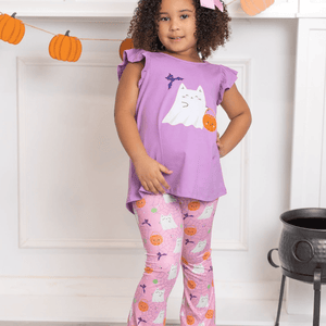 Kids Halloween Print Hi-Low Top & Ghost&Lollipops Flare Leggings - Millieloveslily.com