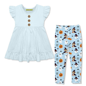 Kids Ice Blue Babydoll Top & Halloween Puppy Leggings Set - Millieloveslily.com