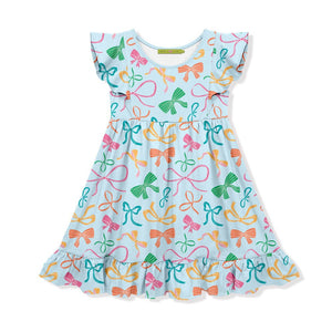 Kids Ice Blue Bows Angel Sleeve Dress on a white background, front Millieloveslily.com