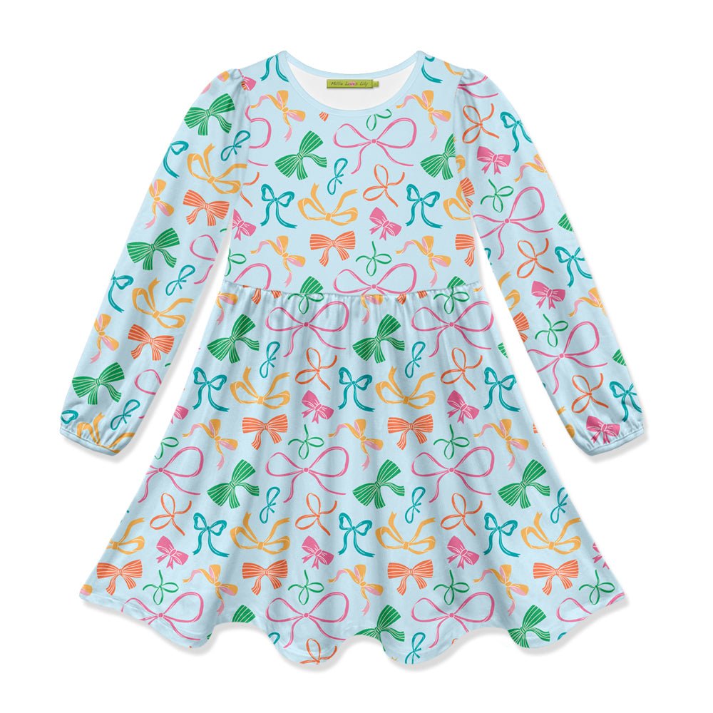 Kids Ice Blue Bows Long-Sleeve Dress - Millieloveslily.com