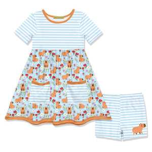 Kids Ice Blue Capybara Pocket A-Line Dress & Stripe Shorts - Millieloveslily.com