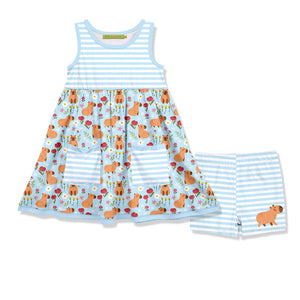 girls blue dress and matching short set in a Capybara themed print on a white background, front