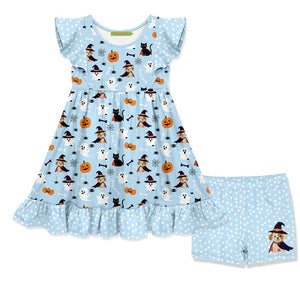 Kids Ice Blue Halloween Puppy Dress & Shorts Set - Millieloveslily.com