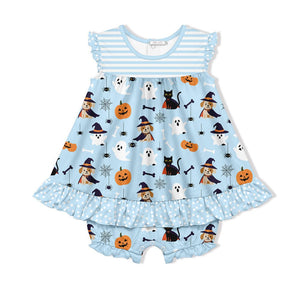 Kids Ice Blue Halloween Puppy Skirted Bubble Romper - Millieloveslily.com