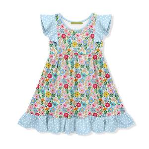 Kids Ice Blue Summer Floral Angel - Sleeve Dress - Millieloveslily.com