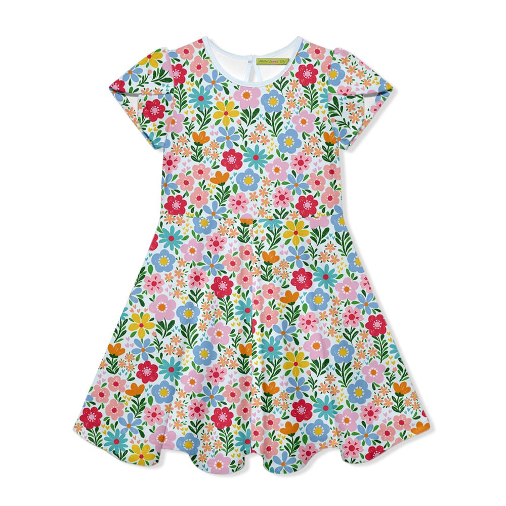 Kids Ice Blue Summer Floral Fit'n Flare Dress - Millieloveslily.com