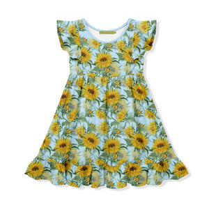 Kids Ice Blue Sunflowers Angel-Sleeve Dress - Millieloveslily.com