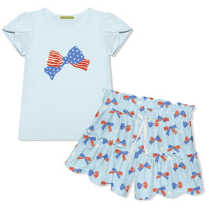 Kids Ice Blue Tulip - Sleeve Top & Americana Bows Split Skirt - Millieloveslily.com