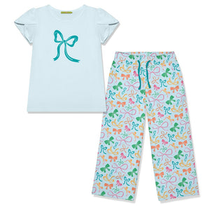 Kids Ice Blue Tulip - Sleeve Top & Bows Wide Leg Pants - Millieloveslily.com