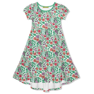 Kids Jade floral Midi - Length Hi - Low Dress with short sleeves ona white background, front- Millieloveslily.com