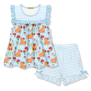 Kids Light Blue Capybara Ruffle Sleeveless Top & Stripe Bow Shorts - Millieloveslily.com