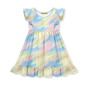 Kids Light Blue Clouds Tie - Dye Angel - Sleeve Dress on a white background, front - Millieloveslily.com