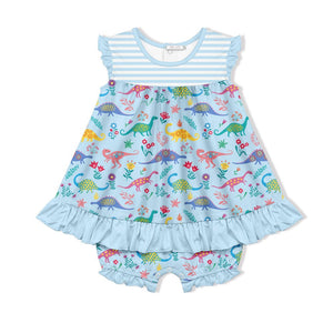 Kids Light Blue Dino Skirted Bubble Romper - Millieloveslily.com