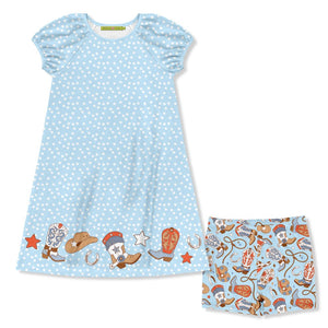 Kids Light Blue Dot Puff Sleeve Dress & Boots Shorts - Millieloveslily.com