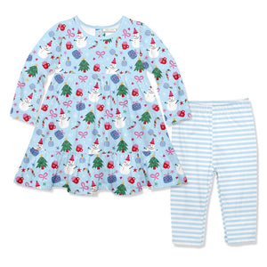 Kids Light Blue Holiday Things Babydoll Dress & Leggings Set - Millieloveslily.com