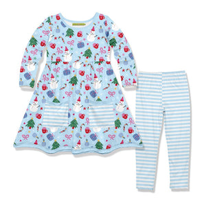 Kids Light Blue Holiday Things Front-Pocket A-Line Dress & Stripe Leggings - Millieloveslily.com
